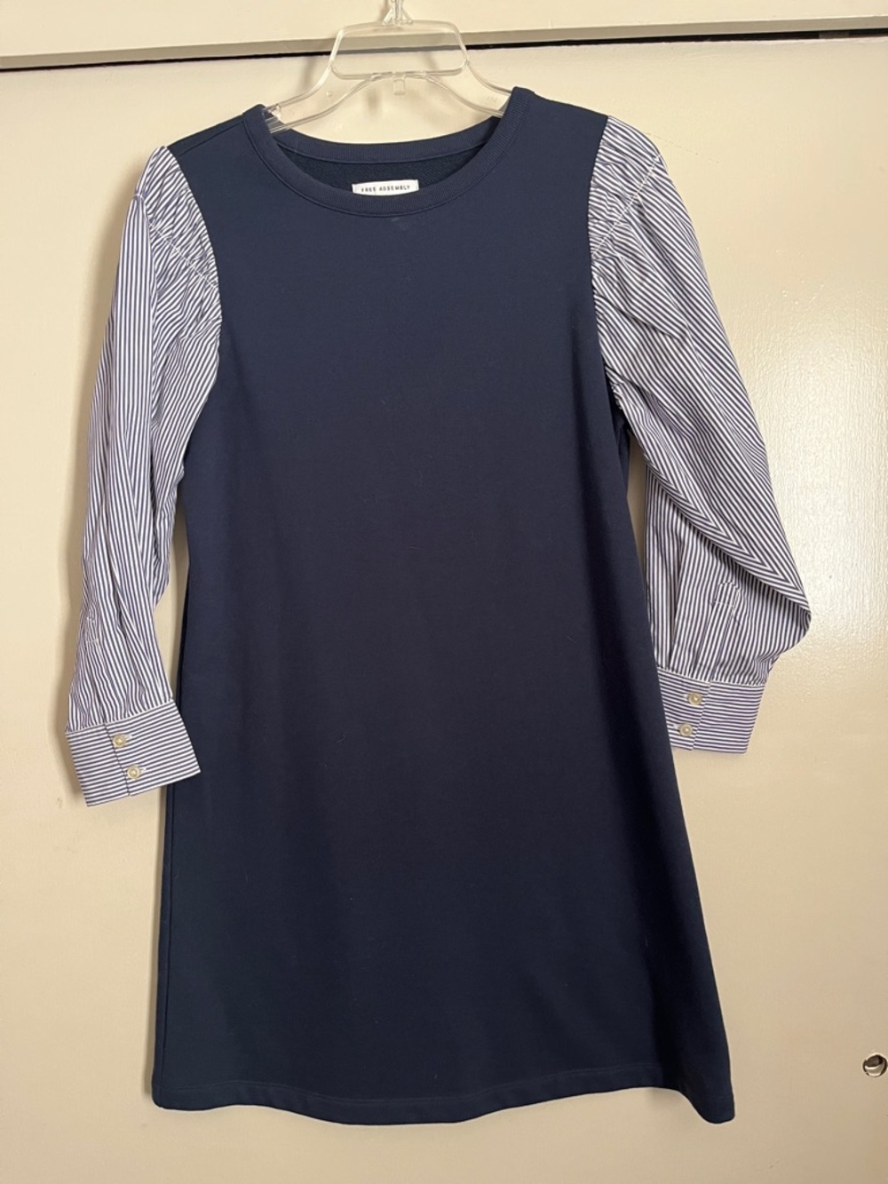 Navy Blue Girls' Dress with Striped Sleeves